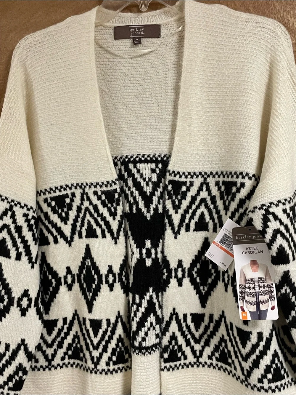 Open-Front Black & Cream Geometric Cardigan Sweater